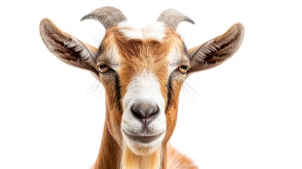 Horned goat head close up isolated on plain white background.