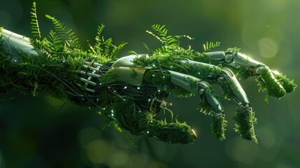 Environment Technology. Green Conceptual Design: Human Arm Covered with Nature, Robotic Hand, 3D Render