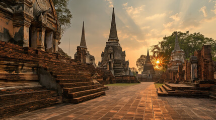 Fototapeta premium A stunning view of the ancient temple , showcasing traditional Buddhist architecture with golden decorations, surrounded by blue skies and lush greenery