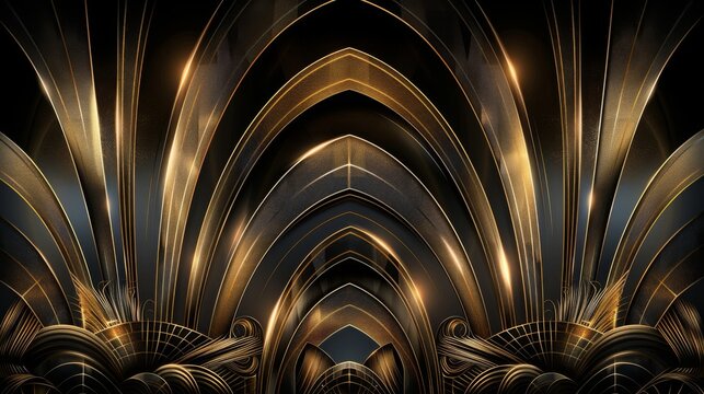 Abstract art deco. Great Gatsby 1920s geometric architecture background. Retro vintage black, gold, and silver roaring 20s texture, Generative AI