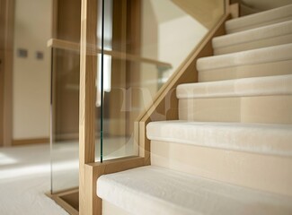 Close up of oak staircase with glass balustrade in a modern house interior