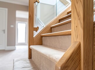 Close up of oak staircase with glass balustrade in a modern house interior