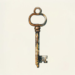 Minimalistic watercolor illustration of a key on a white background, cute and comical, with empty copy space.