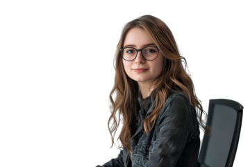 Smart Young Woman in Glasses Seated in Office Chair Isolated on White Background