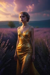 Young beautiful girl in yellow evening dress on lavender field