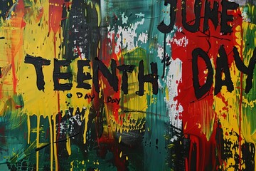 words "JUNE TEENTH DAY" on red yellow green black paint, Juneteenth Emancipation Day, Fist raise up breaking chain