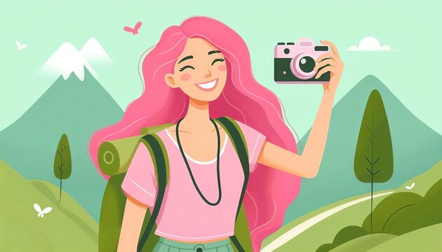 Young Female Photographer in Nature. Digital art of a young woman with pink hair photographing a scenic green landscape with mountains.
