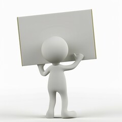 Cartoon Stick Figure with Blank Sign: 3D Render on White Background