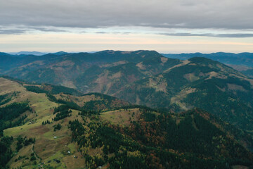 Aerial view of beautiful mountain landscape on cloudy day