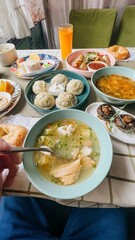 Authentic Russian Table Set With Traditional Dishes On A Checkered Tablecloth