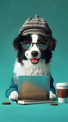 Border Collie in 3D illustration, with reading glasses and a cap, using a laptop, a cappuccino on the side,