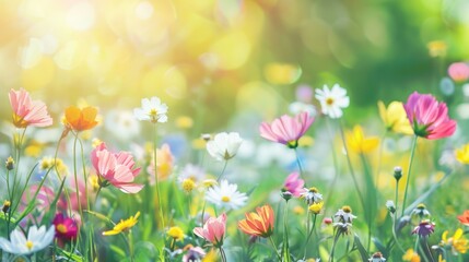 Bright Spring Flowers. Colorful Meadow Wildflowers in Vibrant Spring Landscape