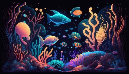 an illustration abstract underwater world with glowing corals and sea creatures, a neon inspired design of a colorful, set against a dark, abstract background, AI Generative