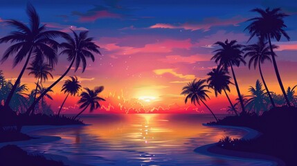 Fototapeta na wymiar Sunset With Trees. Beautiful Palm Tree Silhouettes on Tropical Beach at Dusk