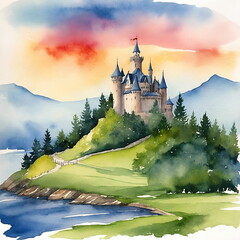 Watercolor landscape with Fantasy Castle at sunset. 