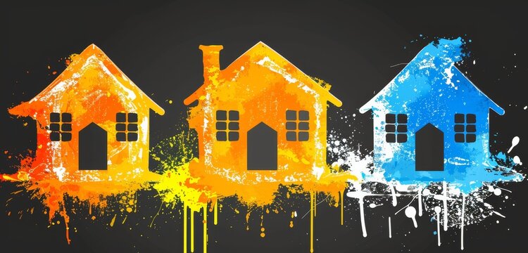 Colourful houses with paint splashes on a black background.
