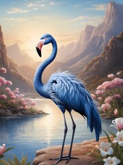 Obraz premium Floral blue flamingo painting generative AI illustration 
