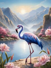 Floral blue flamingo painting generative AI illustration 