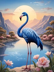 Naklejka premium Floral blue flamingo painting generative AI illustration 
