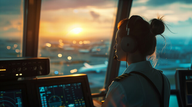 An air traffic controller woman monitors plains