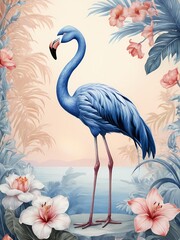 Naklejka premium Floral blue flamingo painting generative AI illustration 