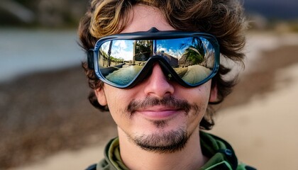 Portrait of a man looking through glasses goggles with mirror reflections