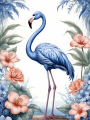 Fototapeta premium Floral blue flamingo painting generative AI illustration 
