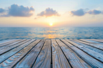 Naklejka na ściany i meble Scenic Wooden Boardwalk Over Sea at Sunset with Copy Space for Your Text or Image