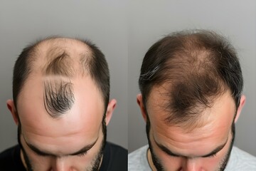 Before and after images showing successful hair transplant transformation in a man. Concept Hair Transplant Before and After, Transformation Photos, Men's Hair Restoration, Successful Results