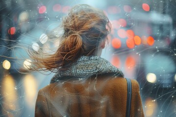 A woman gazes at a winter cityscape, her hair and coat flaring in the chilly breeze, bokeh lights...