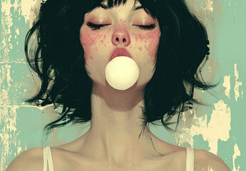 Darkhaired woman in white makeup blowing bubble with pink bubble gum in front of her face