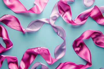 Beautiful pink and purple satin ribbons on a vibrant blue background, top view flat lay image for stock photo bank