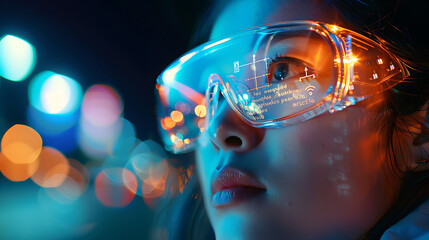 Vision of the Future A young visionary gazes through augmented reality glasses, interfaces of innovation illuminating her sight, a fusion of human curiosity and technological wonder.