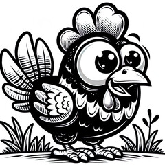 Obraz premium Eine schwarz weiße Vektorgrafik eines lustigen Huhnes
