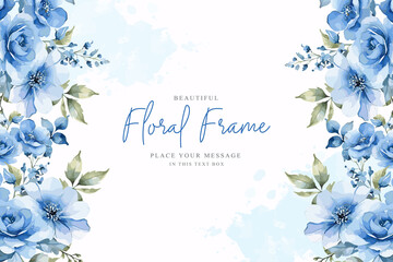 Vector watercolor floral frame wedding invitation card template with colorful blue black and pink flowers