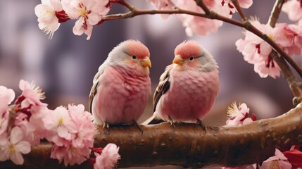 a image two super cute fluffy snowbirds standing on a branch full of flowers and smiling happily, a pink flowers blooming tree, AI Generative