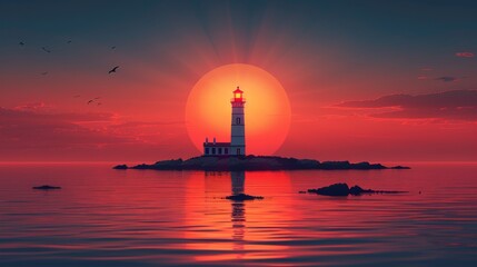 Serene lighthouse silhouette against a vibrant sunset with birds and calm sea