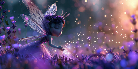 Enchanting Fairy in Purple Dress Surrounded by Beautiful Purple Flowers in Field of Dreams