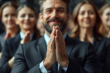 Close-up of a man with a beard smiling with hands clasped together in a grateful gesture at a formal event