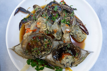 View of Korean soy sauce marinated crab