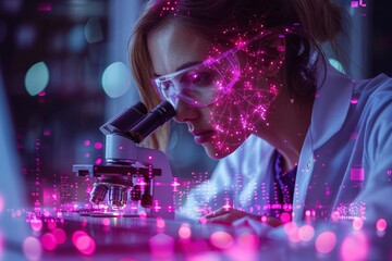 A dedicated female researcher focuses intently on her microscope work amidst vivid digital representations of data and biotechnology advances