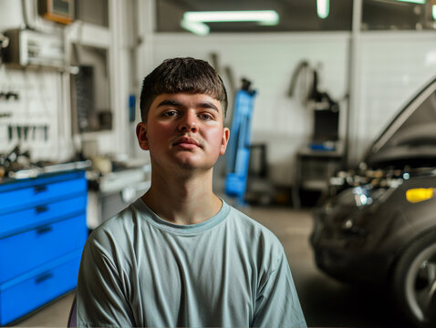 Portrait of a young man in work-study apprenticeship in a car repair shop, serious face, wearing a white t-shirt, the teenager is studying to become an auto mechanic, he has a passion for cars