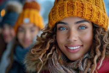 Striking portrait of a young woman with curly hair and blue eyes wearing a stylish yellow beanie and scarf