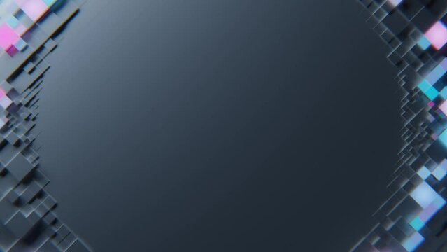 3d render of black background made of stack of glass colorful cubes with central wave. Simple technology concept.