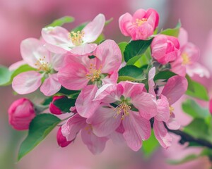 Apple Blossoms. Pink Flowers of an Apple Tree with Green Leaves in Full Bloom