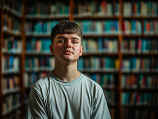 Portrait of a young student in casual clothing in a high school or university library, the young man has a serious face expression, stands erect, might be on the autism spectrum with high IQ