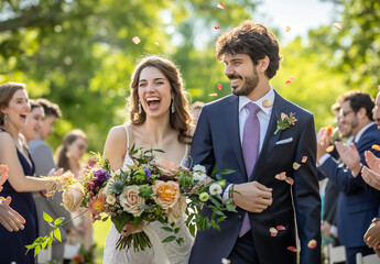 Happy bride and groom walking down the aisle with their guests clapping at an outdoor wedding ceremony. The couple is laughing as they walk