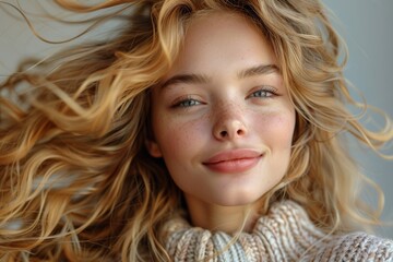 Fototapeta premium A vibrant woman with sparkling eyes and tousled hair portrays a lively and spirited personality in natural light
