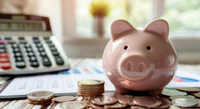 A piggy bank with a coin, symbolizing savings, financial management, and domestic economy. Animated 3D illustration