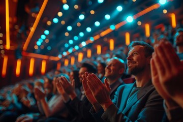 An immersive scene inside a modern theater hall, with anonymous audience members clapping, encapsulating the atmosphere of live performance appreciation